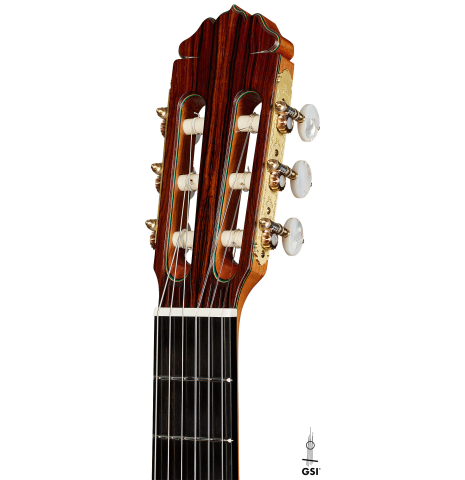 The headstock of a 2024 Teodoro Perez "Especial" classical guitar with cedar and cocobolo