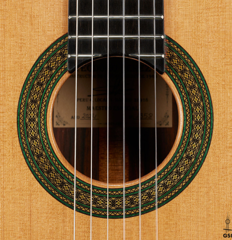 The rosette of a 2024 Teodoro Perez "Especial" classical guitar with cedar and cocobolo