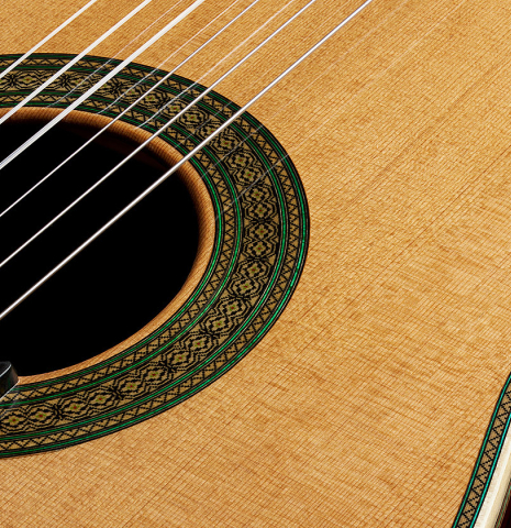 The top and rosette of a 2024 Teodoro Perez "Especial" classical guitar with cedar and cocobolo