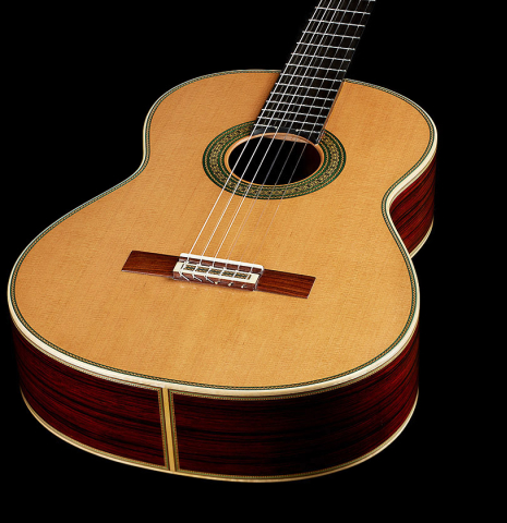 The soundboard of a 2024 Teodoro Perez "Especial" classical guitar with cedar and cocobolo