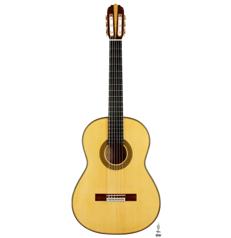 The front of a 2024 Teodoro Perez "Especial" classical guitar made of spruce and maple