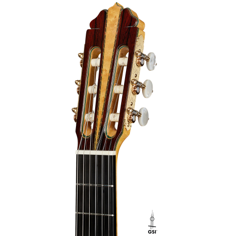 The headstock of a 2024 Teodoro Perez "Especial" classical guitar made of spruce and maple