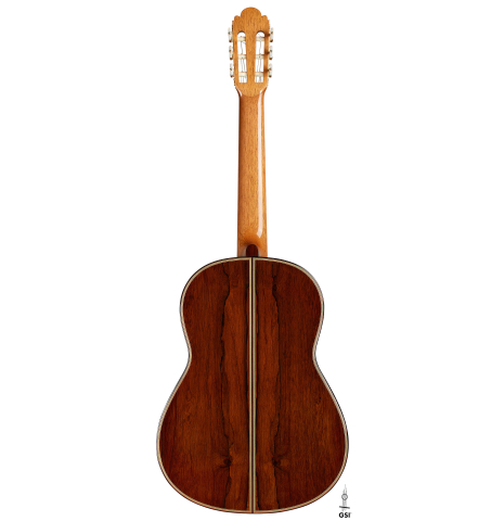 The back of a 2024 Teodoro Perez "1884 Torres - La Emperatriz" classical guitar made of spruce and African rosewood