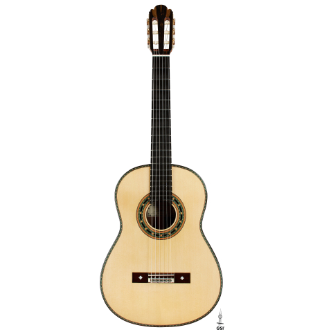 The front of a 2024 Teodoro Perez "1884 Torres - La Emperatriz" classical guitar made of spruce and African rosewood