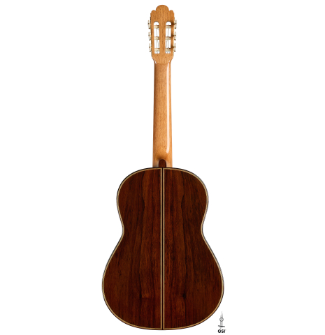 The back of a 2025 Teodoro Perez "1884 Torres - La Emperatriz" classical guitar made of spruce and African rosewood