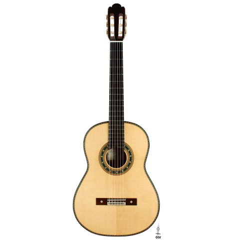 The front of a 2025 Teodoro Perez "1884 Torres - La Emperatriz" classical guitar made of spruce and African rosewood