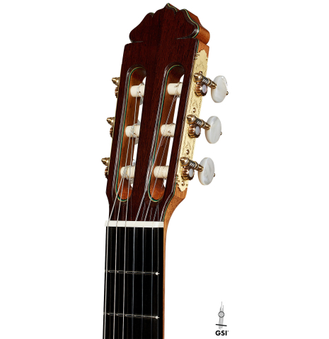 The headstock of a 2025 Teodoro Perez "Especial" classical guitar with cedar and Indian rosewood