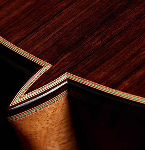 The heel, back binding and purfling of a 2025 Teodoro Perez "Especial" classical guitar with cedar and Indian rosewood