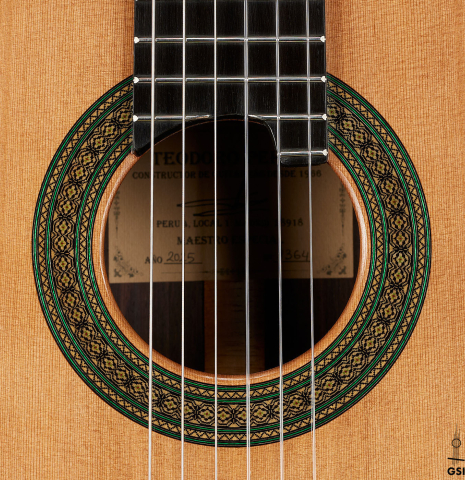 The rosette of a 2025 Teodoro Perez "Especial" classical guitar with cedar and Indian rosewood