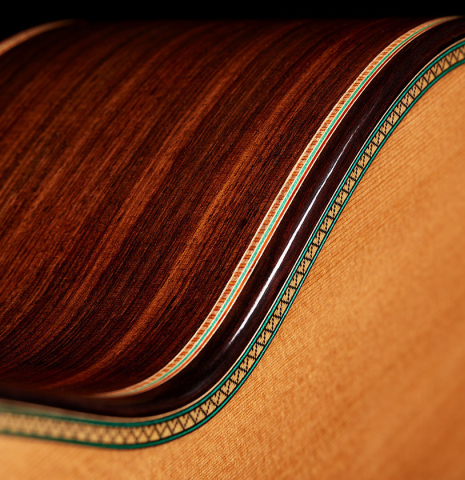The top binding and purfling of a 2025 Teodoro Perez "Especial" classical guitar with cedar and Indian rosewood