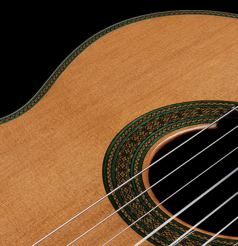 The soundboard of a 2025 Teodoro Perez "Especial" classical guitar with cedar and Indian rosewood