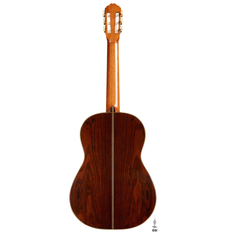 The back of a 2000 Daryl Perry classical guitar made of spruce and CSA rosewood