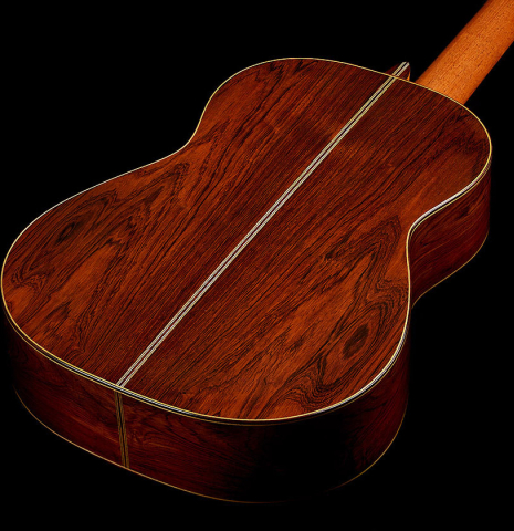 The back and sides of a 2000 Daryl Perry classical guitar made of spruce and CSA rosewood