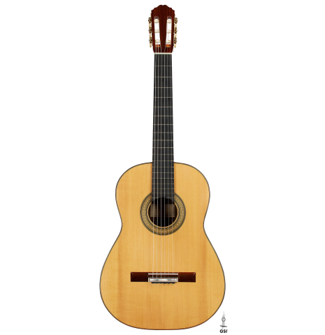 The front of a 2000 Daryl Perry classical guitar made of spruce and CSA rosewood