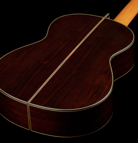 The back and sides of a 2025 Erez Perelman classical guitar made of cedar and CSA rosewood