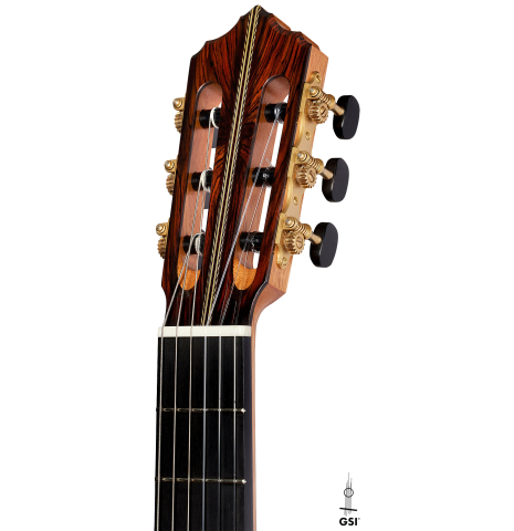 The headstock of a 2025 Erez Perelman classical guitar made of cedar and CSA rosewood