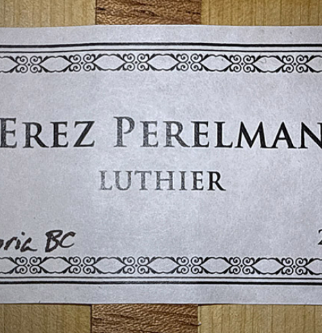 The label of a 2025 Erez Perelman classical guitar made of cedar and CSA rosewood