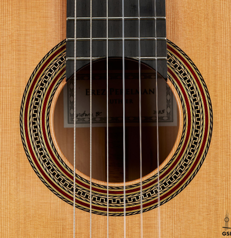 The rosette of a 2025 Erez Perelman classical guitar made of cedar and CSA rosewood