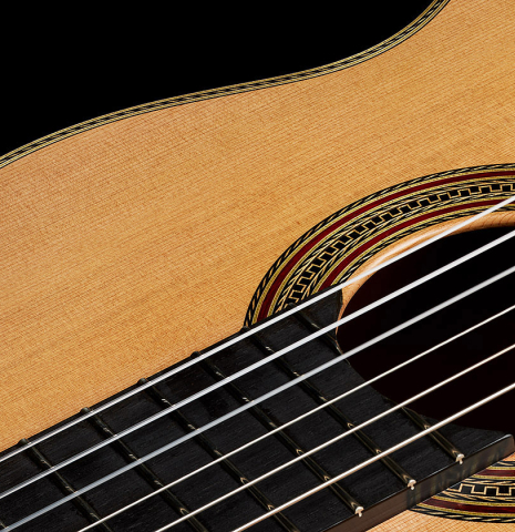 The soundboard and fingerboard of a 2025 Erez Perelman classical guitar made of cedar and CSA rosewood