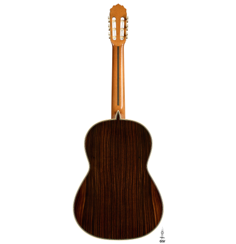 The back of a 2025 Teodoro Perez "Especial" classical guitar made of spruce and Makassar ebony