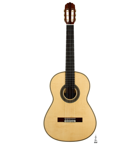 The front of a 2025 Teodoro Perez "Especial" classical guitar made of spruce and Makassar ebony