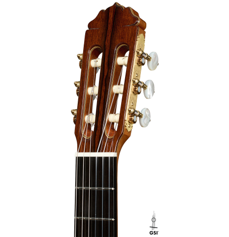 The headstock of a 2025 Teodoro Perez "Especial" classical guitar made of spruce and Makassar ebony