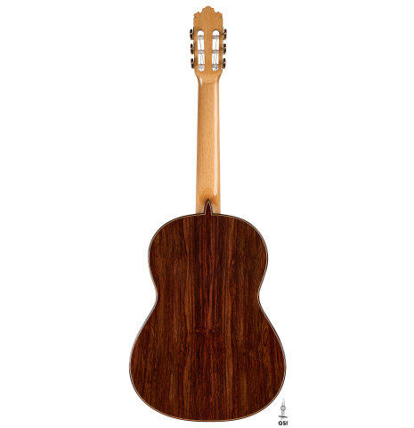 The back of a 2026 Sergio Perez "Segovia" classical guitar made of cedar and Indian rosewood