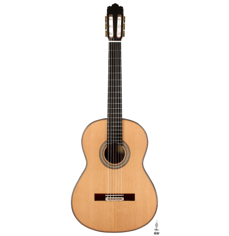 The front of a 2026 Sergio Perez "Segovia" classical guitar made of cedar and Indian rosewood