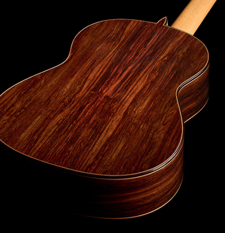 The back and sides of a 2026 Sergio Perez "Segovia" classical guitar made of cedar and Indian rosewood