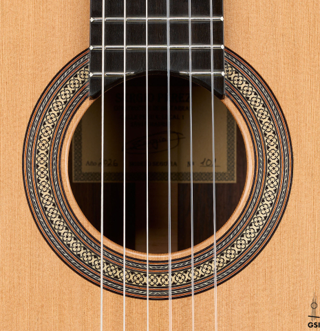 The rosette of a 2026 Sergio Perez "Segovia" classical guitar made of cedar and Indian rosewood