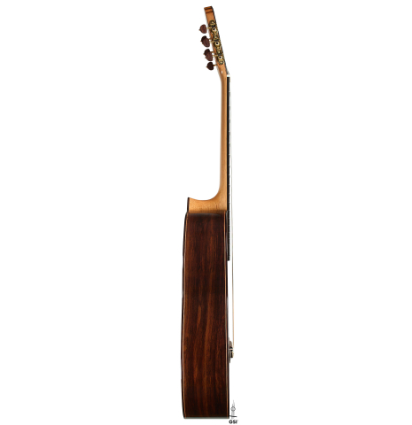 The side of a 2026 Sergio Perez "Segovia" classical guitar made of cedar and Indian rosewood
