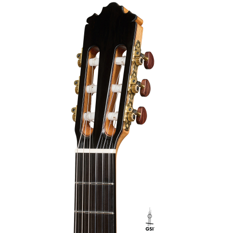 The headstock of a 2026 Sergio Perez "Segovia" classical guitar made of cedar and Indian rosewood
