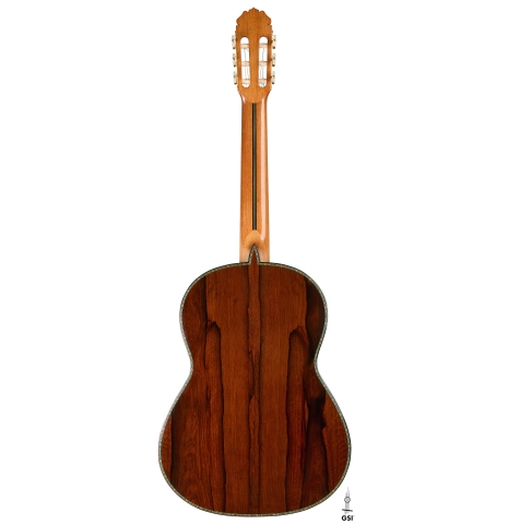 The back of a 2026 Teodoro Perez "60th Anniversary" classical guitar made of cedar and African rosewood