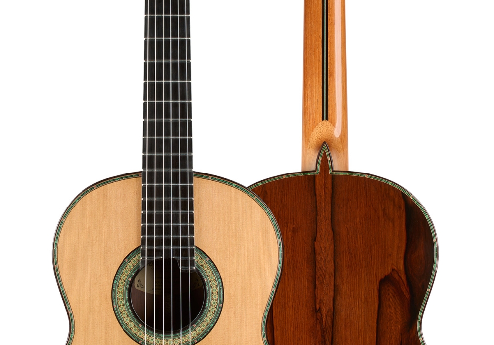 Front and back of a 2026 Teodoro Pérez "60th Anniversary" classical guitar, cedar and African rosewood