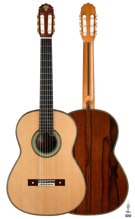 Front and back of a 2026 Teodoro Pérez "60th Anniversary" classical guitar, cedar and African rosewood
