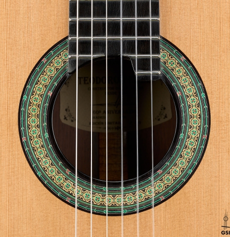 The rosette of a 2026 Teodoro Perez "60th Anniversary" classical guitar made of cedar and African rosewood