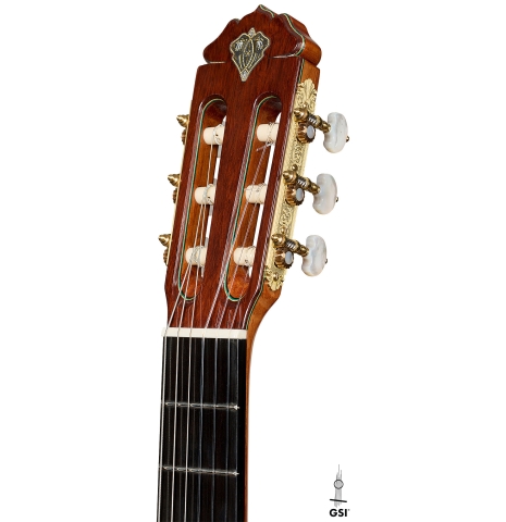 The headstock of a 2026 Teodoro Perez "60th Anniversary" classical guitar made of cedar and African rosewood