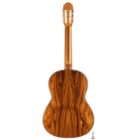 The back of a 2026 Teodoro Perez "60th Anniversary" classical guitar made of spruce and pau ferro