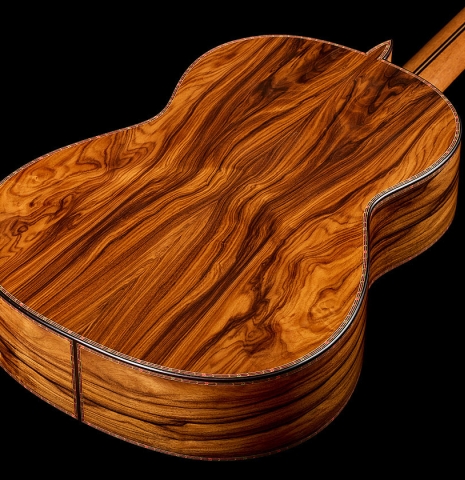 The back and sides of a 2026 Teodoro Perez "60th Anniversary" classical guitar made of spruce and pau ferro