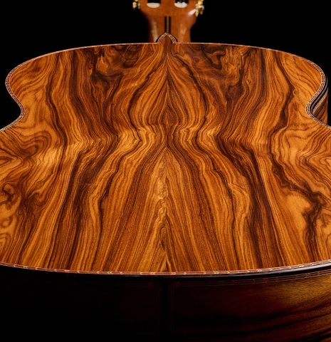 View of the back seen from the foot of a 2026 Teodoro Perez "60th Anniversary" classical guitar made of spruce and pau ferro