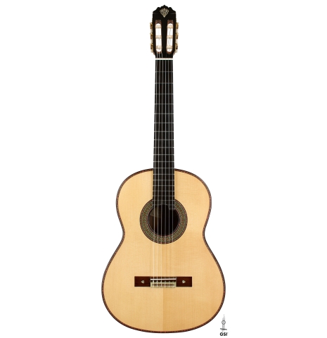The front of a 2026 Teodoro Perez "60th Anniversary" classical guitar made of spruce and pau ferro