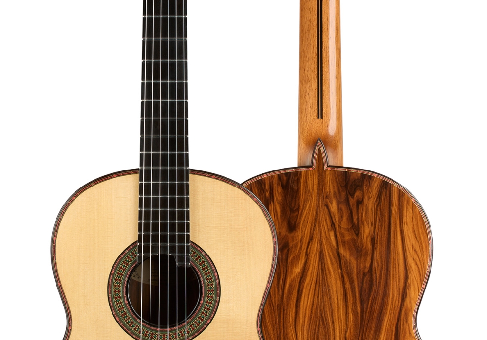 Front and back of a 2026 Teodoro Pérez "60th Anniversary" classical guitar, spruce and pau ferro