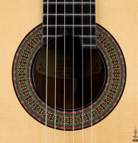 The rosette of a 2026 Teodoro Perez "60th Anniversary" classical guitar made of spruce and pau ferro