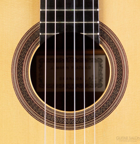 The rosette of a 2007 Jose Marin Plazuelo &quot;Bouchet&quot; classical guitar made with spruce and CSA rosewood