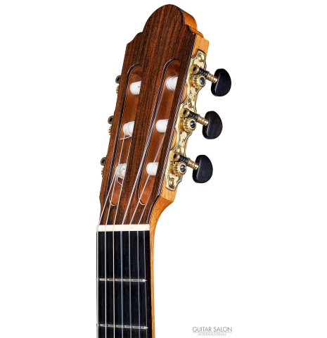 The headstock of a 2007 Jose Marin Plazuelo &quot;Bouchet&quot; classical guitar made with spruce and CSA rosewood