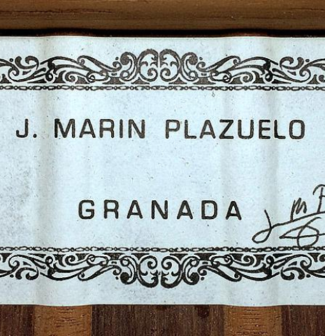 The label of a 2007 Jose Marin Plazuelo &quot;Bouchet&quot; classical guitar made with spruce and CSA rosewood