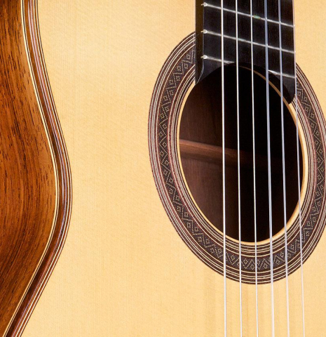The soundboard of a 2007 Jose Marin Plazuelo &quot;Bouchet&quot; classical guitar made with spruce and CSA rosewood