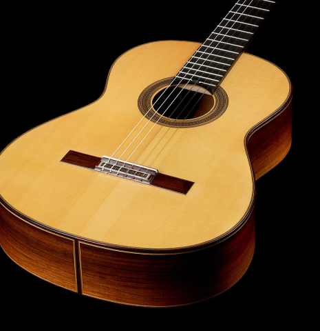 The soundboard of a 2021 Jose Marin Plazuelo "Bouchet" classical guitar made with spruce and CSA rosewood