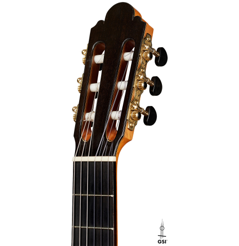 The headstock of a 2021 Jose Marin Plazuelo "Bouchet" classical guitar made with spruce and CSA rosewood