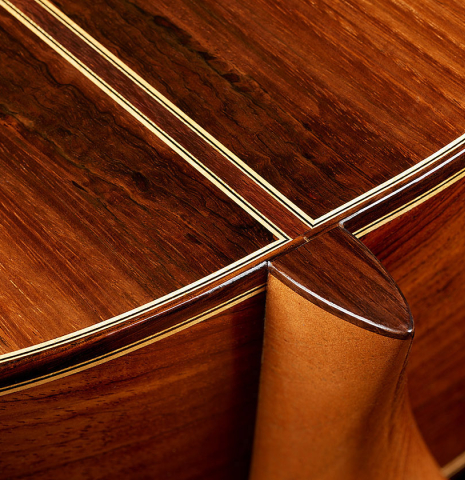 The heel, back binding and purflings of a 2021 Jose Marin Plazuelo "Bouchet" classical guitar made with spruce and CSA rosewood